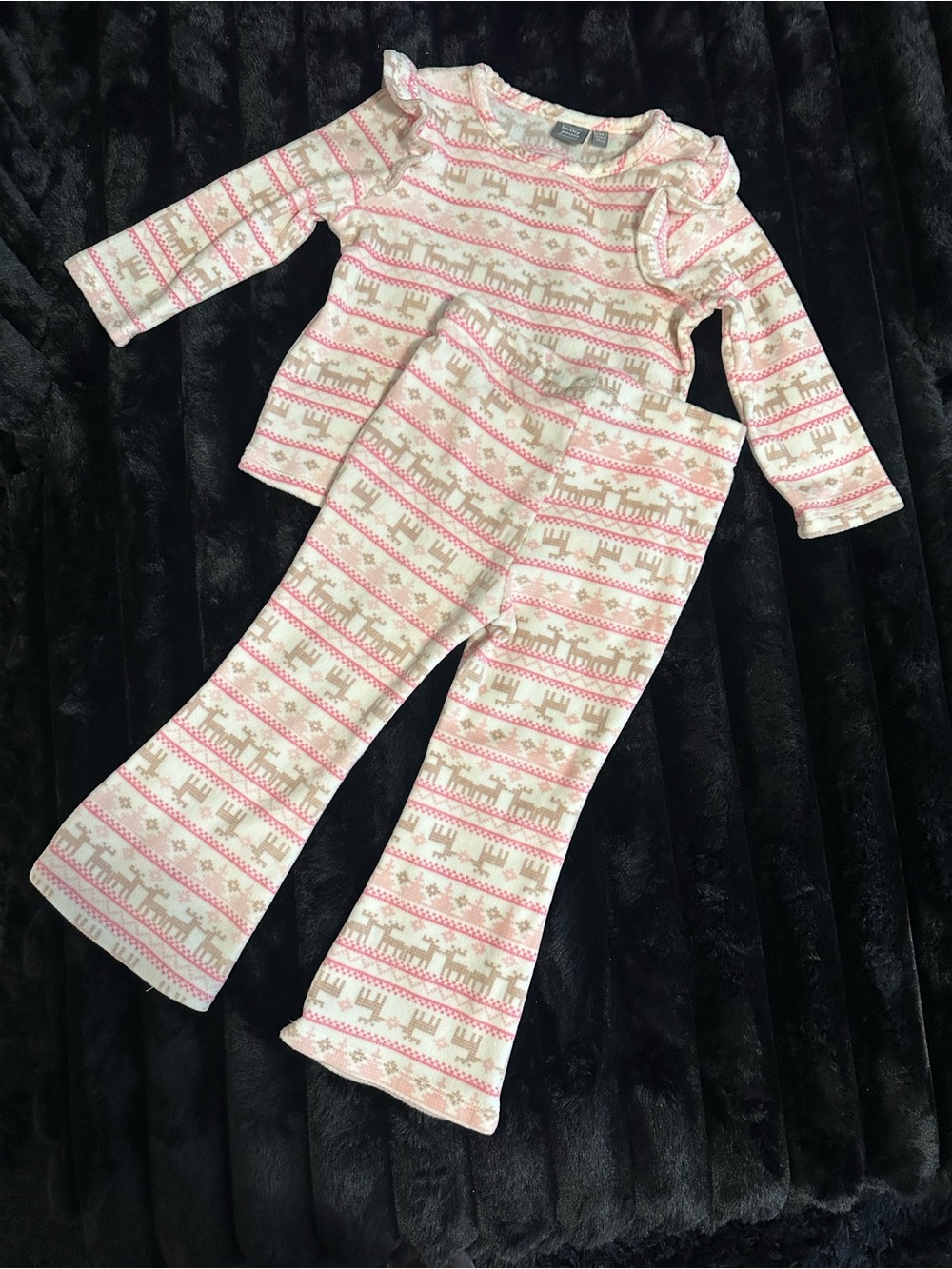 Girls Pink & Cream Reindeer Print Pajama Set with Ruffle Detail